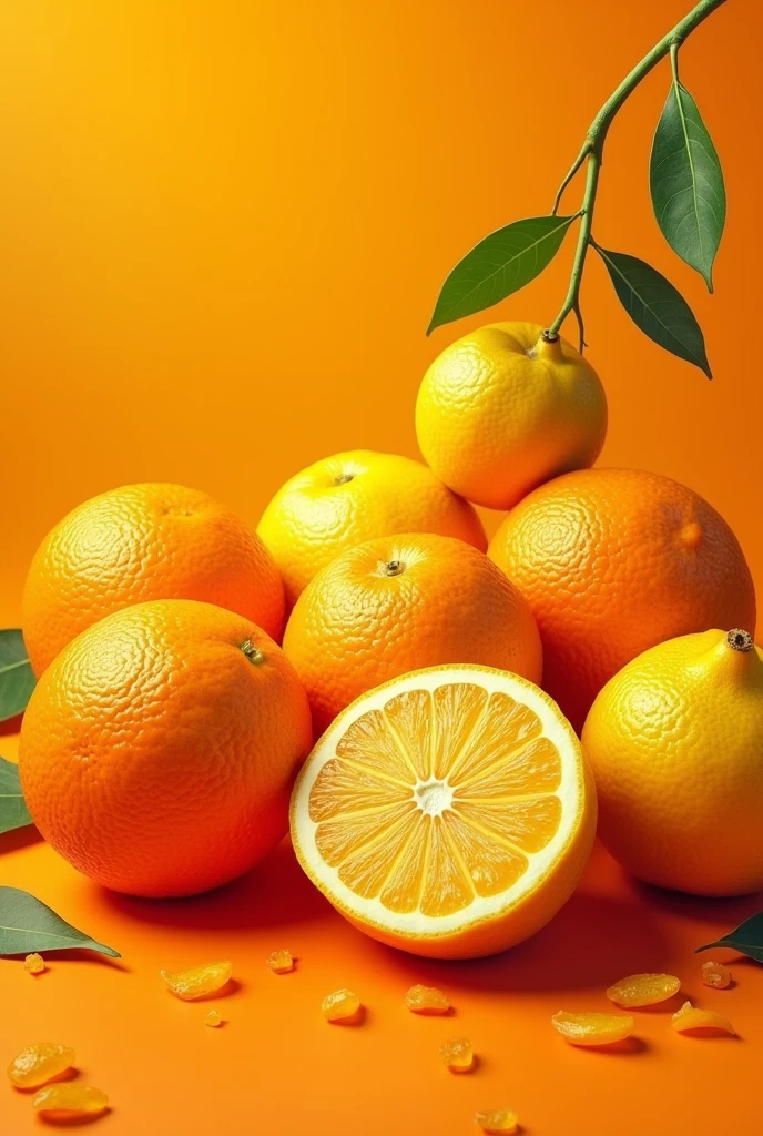 generate an orange background with yellow and containing lemons and oranges, incredible