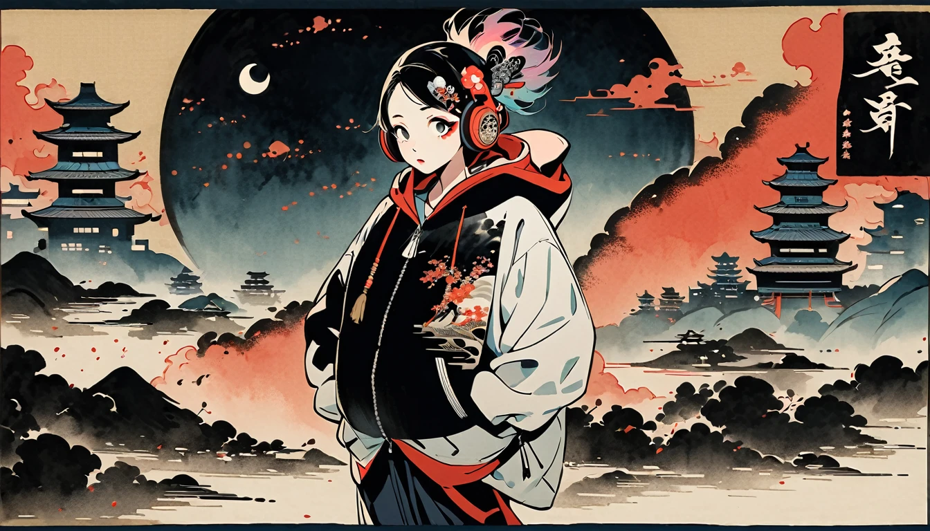 (((Ink Painting))), (((cyber city))), (((1 girl))), (((whole body))), (((Very flashy hair accessories))), (((Very flashy makeup))), Japanese style headphones, Japanese pattern hoodie, Put on the hood, Put your hands in your pockets, Japan人の美女, Black Hair, Delicate and precise, Modern ukiyo-e style,Japan, Droopy eyes, round face