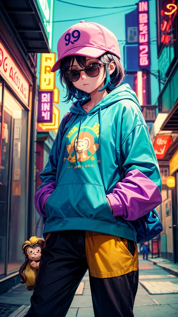 I want a monkey with a cap with the letters PJ9 on it, to wear sunglasses, with a sweatshirt with a hood that is lilac and turquoise green, the background alleys with neon signs of many colors, and the monkey holds a sign that says PORRITAJR9
