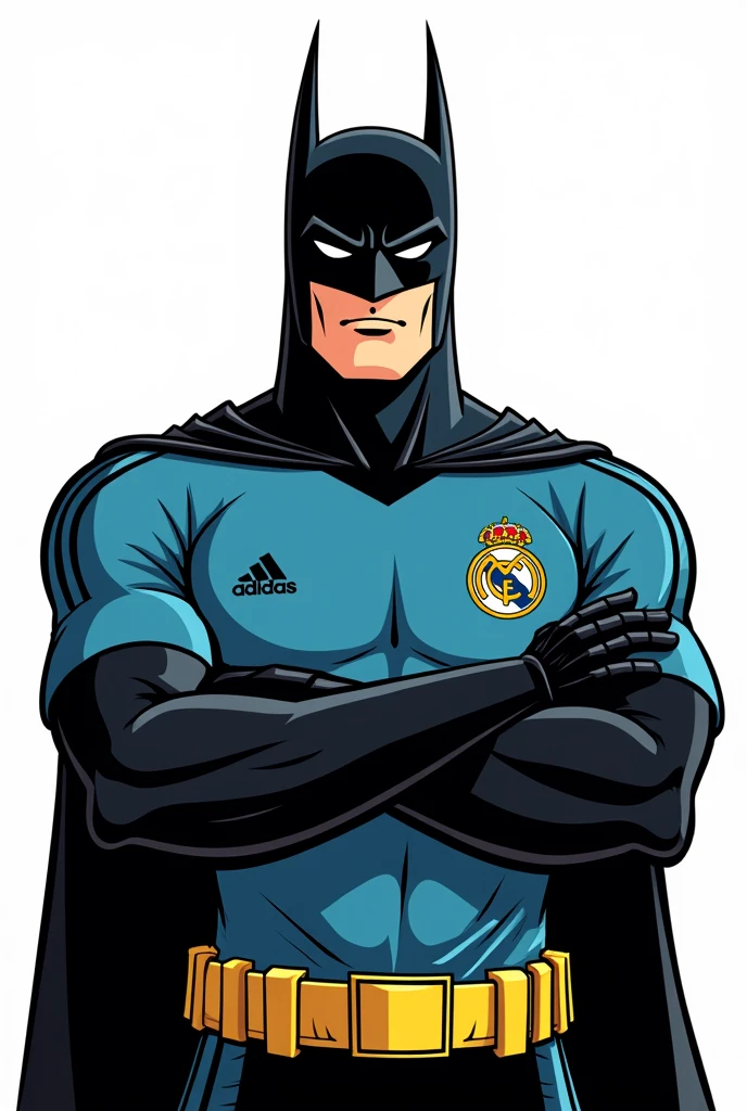 Comic style cartoon drawing of Batman wearing a soccer shirt with a front pose and arms crossed, half body only , but with a team crest and Adidas instead of Nike, but the silhouette (black border, white filling) as for coloring