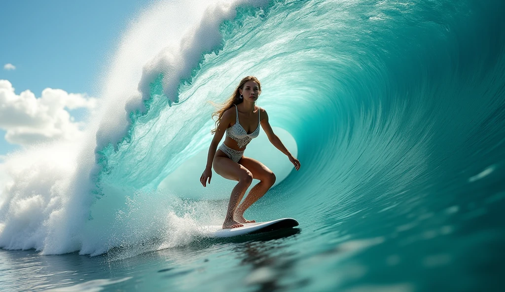 la plus haute qualité,masterpiece ,Ultra haute résolution,(réel:1.4),Photo originale,Ultra haute résolution,8k,Il y a une sublime femme surfeuse, peau claire, Maquillage exquis,Grandes vagues,body en fines dentelles de latex sexy et sublimes :1.5, sublimes Longues jambes, Lumineux et beau, surf dans le rouleau d'une immense vague aux détails fractals, à l'intérieur de la vague, pose de surfeuse sur sa planche de surf