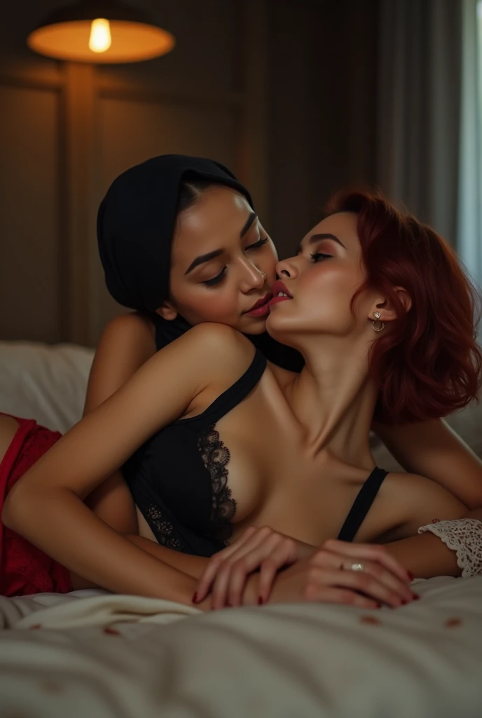 beautiful 35 yo indonesian hijab teacher wearing glass,black bra,medium breast,pale eyes,laying on the table,hug from.behind by a 20 yo woman medium tit,,short hair,wearing red lingerie,kissing,front view,,make out,women on top,lesbian sex,,lips sucking nipple