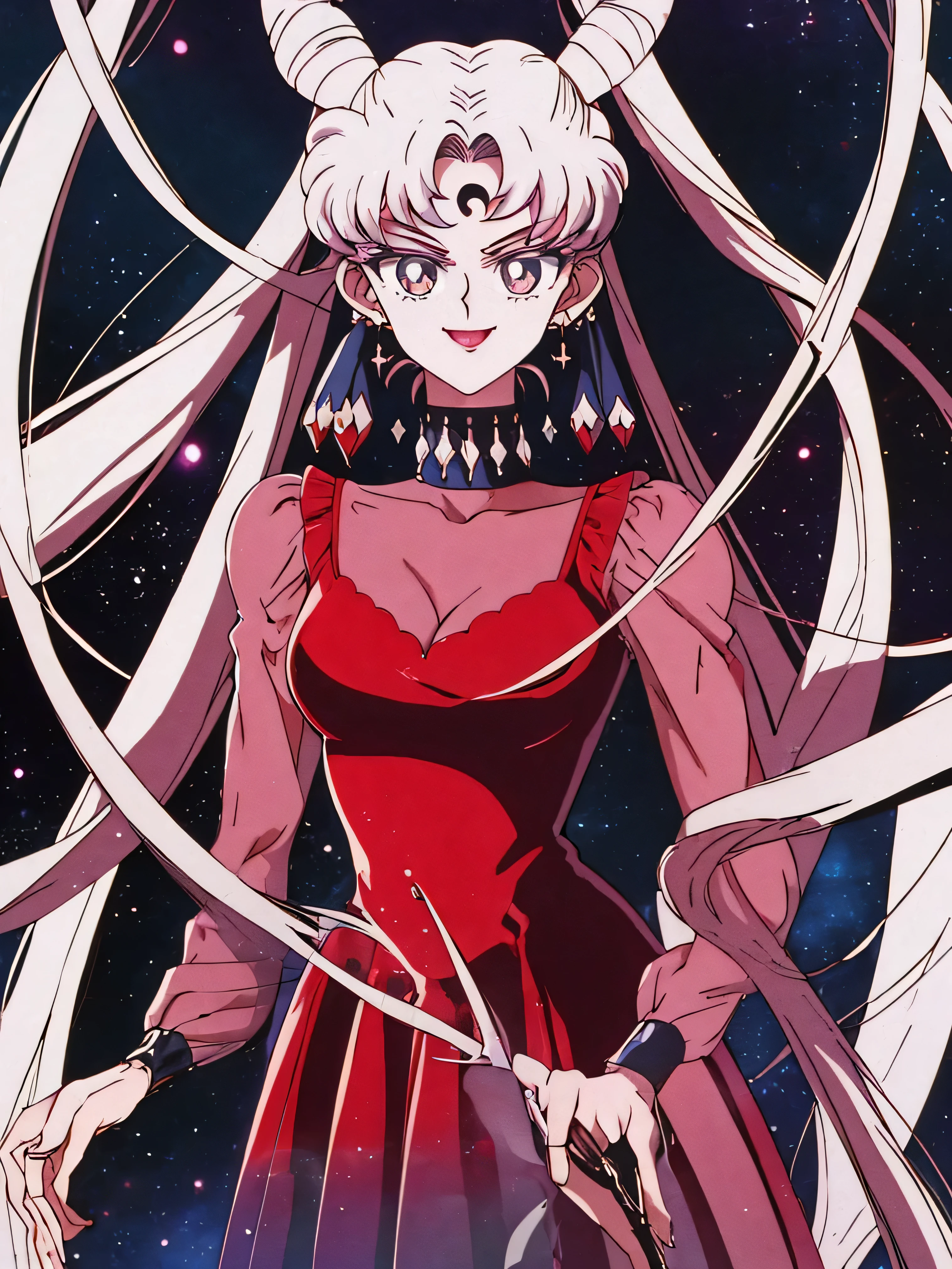 ((masterpiece,best quality)), absurdres,
Black_Lady_Sailor_Moon,
solo, smiling, looking at viewer, cowboy shot,
cinematic composition, dynamic pose,evil smile,evil smirk,(masterpiece:1.0),(Highest_quality:1.0), 超High resolution,4k,Super detailed, photo shoot, 8K, HDR, High resolution,EPTakeuchiNaokoStyle, 1990s \(style\), anime screencap, retro artstyle, anime coloring, traditional media,face focus,dark aura,latex,A face full of evil,Too evil ridicule,A face full of evil,most evil ridicul,smile worst,worst ridecule,most evil moukery,shaded face(eyes in shadow),five fingers,two hands,two legs,darkness background,latex,