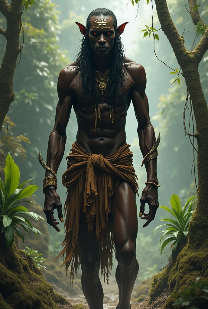 Create a god of hunger, Brazilian indigenous culture, he must be thin, skin black, brown clothes without precious ornaments. ((No big ears)).