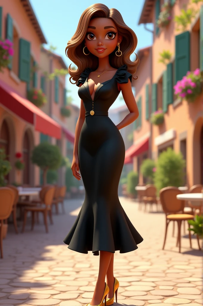 create a 3D illustration of an animated character of a beautiful 30 year old adult woman,curly brown hair with blonde highlights at the ends,shoulder-length cut, beautiful honey colored eyes,skin black,fleshy lips, small-nose,the character must wear elegant clothes,midi dress with ruffles on the sleeves,clasp for back closure,tight to the body in black,gold high heel formal shoes,Full-body image,she is standing in a charming village *italian*with cobbled streets, on a beautiful summer afternoon, with beautiful flowers in the windows of the houses,fountain,restaurant, Tables and chairs on the street.