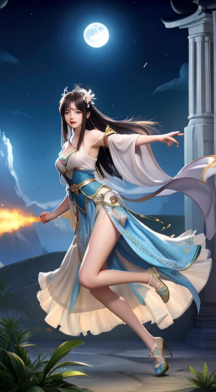 1girl, solo, light blue eyes, brown hair, holding a golden scepter, (HP: 1), running under the starry sky, full body, (official set: 1.5), dullyarts, dust background details, eye details, ore disease lesions \(Tomorrow's Ark\), (realism: 1.4), official art, unreal 8k wallpaper, super detailed, beautiful and aesthetic, masterpiece, best quality, (dynamic angle: 1.4), (floating colorful sparks: 1.2), elegant , bright colors, romanticism, medium breasts