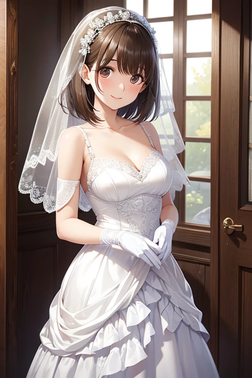 The face is Mikoto Misaka,masterpiece, top-quality, hight resolution, nn1, 1girl, shorth hair, White Wedding Dresses, wedding_veil, flower bouquet, chies, cowboy shot
