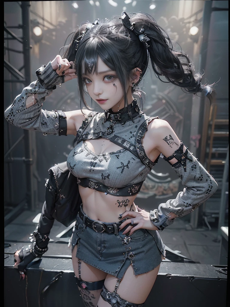 (Full Body View:1.2)、(Side view:1.1)、(Smiling with teeth showing:1.3),(Race Queen:1.5)、(Goth Style Fashion:1.5)、(Punk RockVisual Kei:1.5)、(Wearing a sweater with intricate decoration:1.4)、(A mini skirt with delicate white, denim and charcoal embellishments.:1.5)、(Denim, light blue and leopard print boots:1.3)、((belt))、(Numerous intricate patterns all over the costume:1.4)、(collar:1.3)、(Leopard print ?????????:1.5)、20-year-old、????、((Highest quality、In 8K、masterpiece:1.3))、Sharp focus:1.2、(Layered Cut、Huge ?????:1.1),Beautiful woman with perfect figure:1.4、(Doing an aerobics pose:1.3)、Slender Abs:1.2、Highly detailed face and skin texture、Detailed eyes、double eyelid,(Twin tails:1.3)、(Dark grey hair:1.3)、Gravure idol、(The background is a fantastic fashion show stage.:1.3)、(Slim Body:1.3),(Make your legs thinner:1.4),（clavicle:1.1）