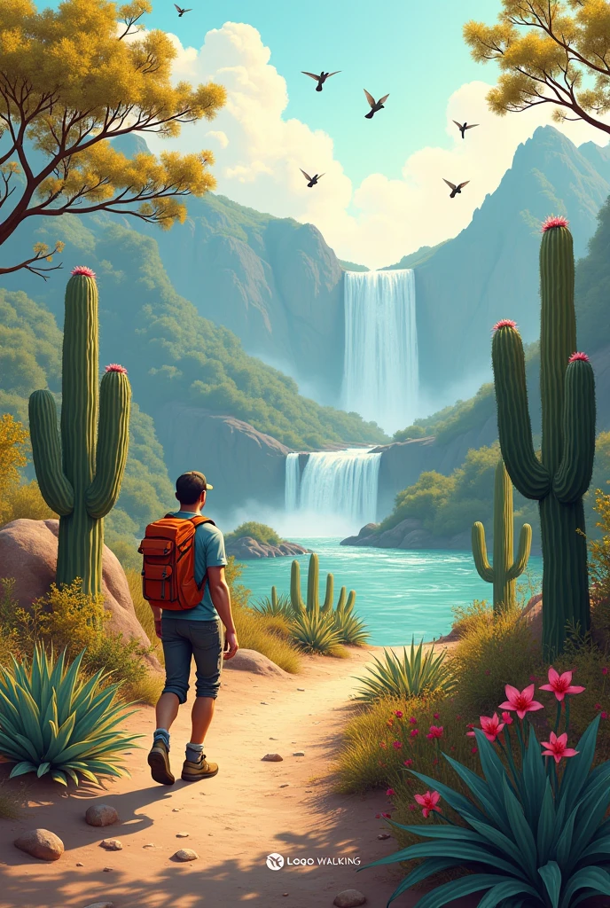 Man walking in hiking clothes left below, Next to it there is a cactus with flowers and a royal path begins from the left quadrant down to the right quadrant up., where the road ends at a waterfall. In the upper left quadrant there is a tree with hummingbirds flying and perched. In the lower right quadrant is the logo of a walking company called Mot Mot. Horizontal photo format