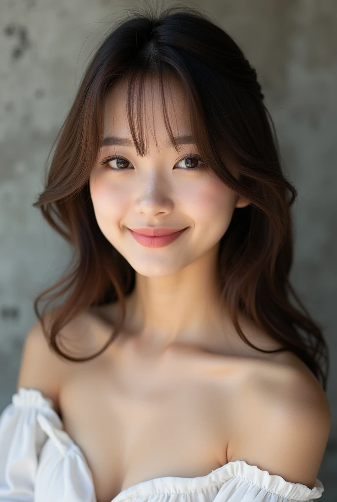 Asian Beauty、beauty、Soft hair、Black Sleeveless、Landscape、I can see your forehead、Background is simple concrete、Olive brown hair、smile、looking at the camera、Lighten the ends of your hair、Semi-long hair、Outline of an inverted triangle、Big Eyes、Thready hair、Rounded silhouette、human、Realistic、ベースmodel、photo shoot、Chin narrowing、cute、Pure feeling、プロのphoto shoot、Head to chest photo、cute、Beauty、elegant、Shiny Hair、Wax for straightening hair、model、Clear skin、Eyes that tend to be dark、Flowing bangs、Asian Beauty