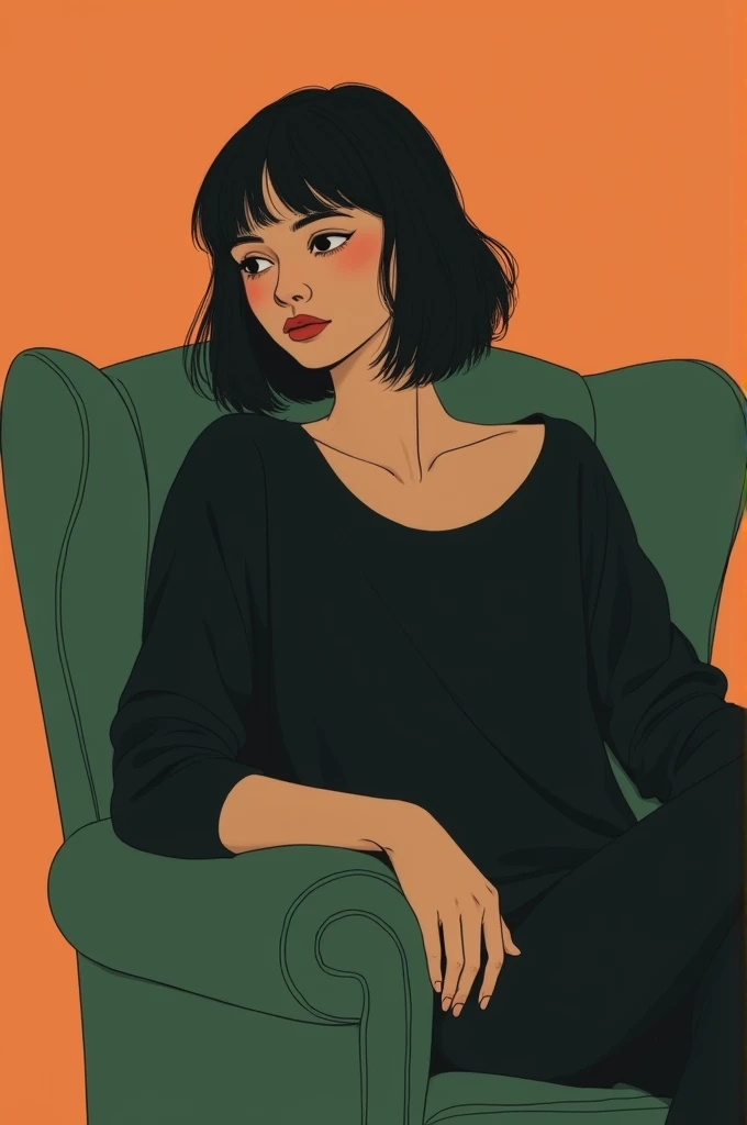 Create a detailed illustration of a young woman with short, black hair styled in a bob cut with bangs. She is lounging on a green armchair, resting her arms on the armrest, looking slightly melancholic. The background should be a solid, muted orange color. The woman wears a loose, black outfit with long sleeves, and the color scheme should be subdued and calm. The lighting is soft, with subtle shadows emphasizing the mood. Ensure the overall atmosphere is relaxed and introspective, with a focus on the serene and tranquil emotions conveyed by the character’s pose and expression.