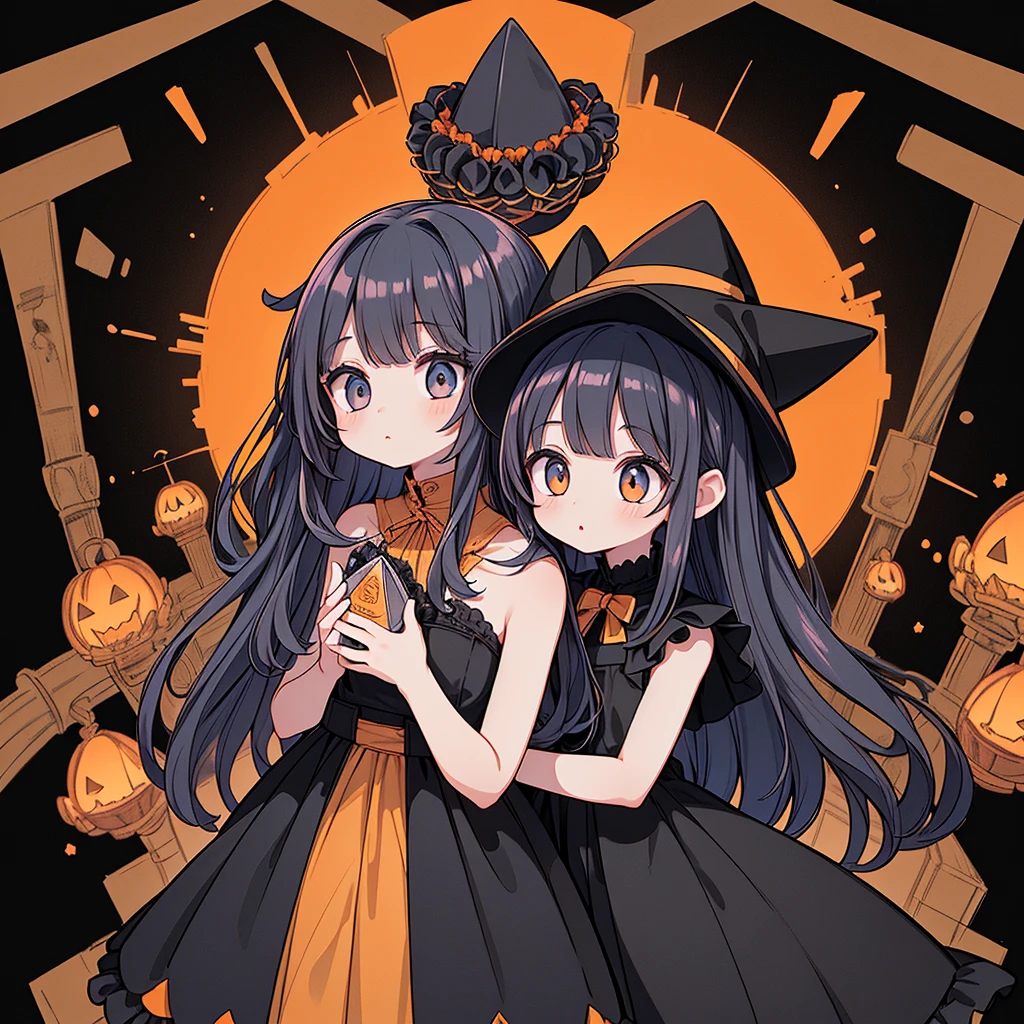 1girl,(((Perfect Anatomy、Perfect human body、Highest quality、Masterpiece、Super detailed、X Composition、S composition、Square Composition、Triangular composition、Award-winning works)))、Orange and black palette、Trick or Treat、Pumpkin carriage、Big Wizard Hat、Black Cape、Black dress、