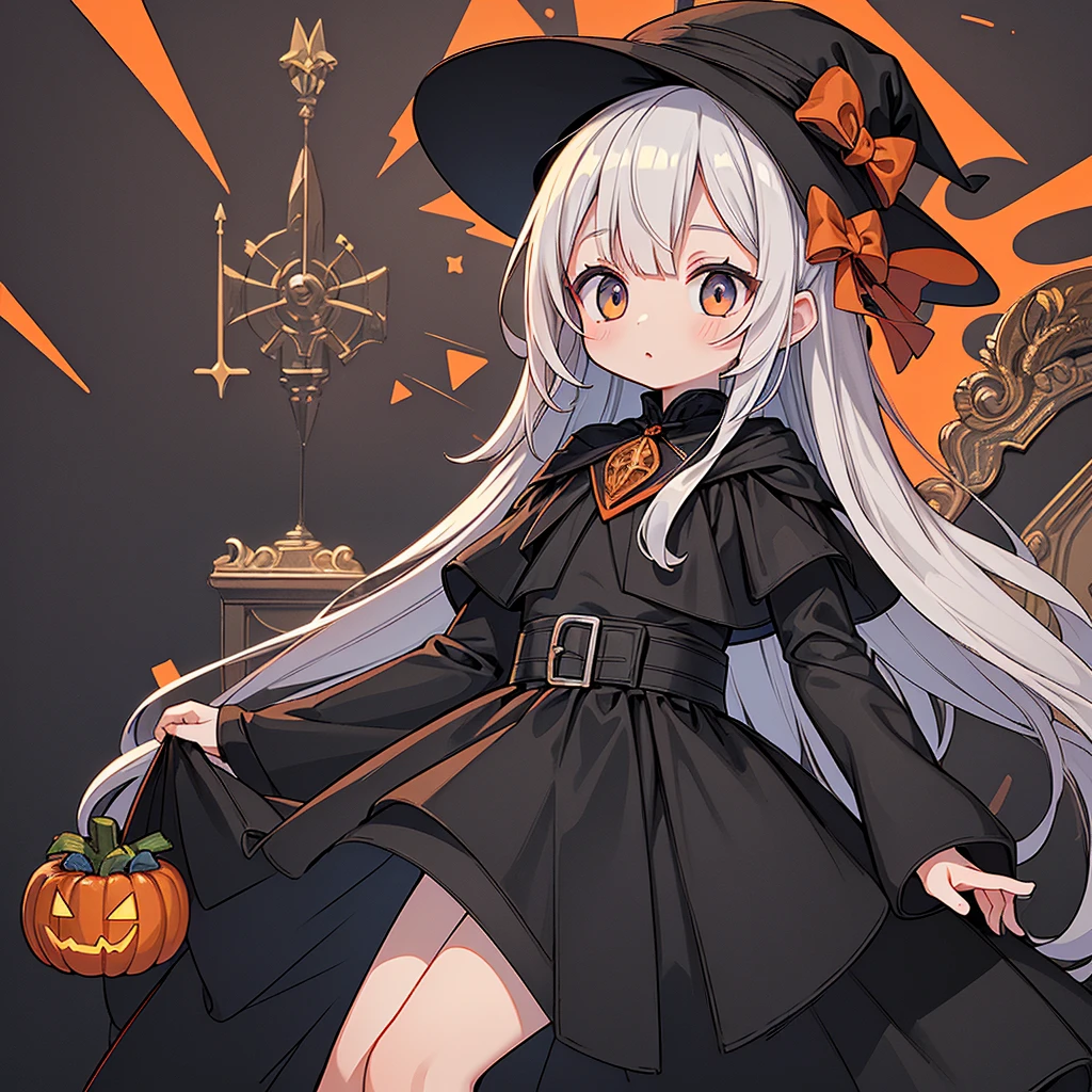 1girl,(((Perfect Anatomy、Perfect human body、Highest quality、Masterpiece、Super detailed、X Composition、S composition、Square Composition、Triangular composition、Award-winning works)))、Orange and black palette、Trick or Treat、Pumpkin carriage、Big Wizard Hat、Black Cape、Black dress、