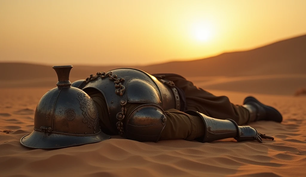 (Lion army general lying dead on the battlefield, wearing the specified helmet:1.5). The scene is set in a desolate desert, with the general's body lifeless, armor tarnished, and the lion emblem visible on his chest. The background is stark, with the setting sun casting long shadows across the sand. Focus on the helmet and the stillness of the scene, capturing the finality of his defeat