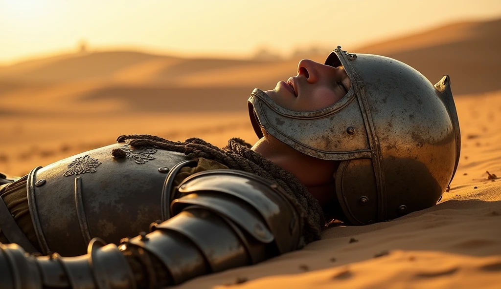 (Lion army general lying dead on the battlefield, wearing the specified helmet:1.5). The scene is set in a desolate desert, with the general's body lifeless, armor tarnished, and the lion emblem visible on his chest. The background is stark, with the setting sun casting long shadows across the sand. Focus on the helmet and the stillness of the scene, capturing the finality of his defeat