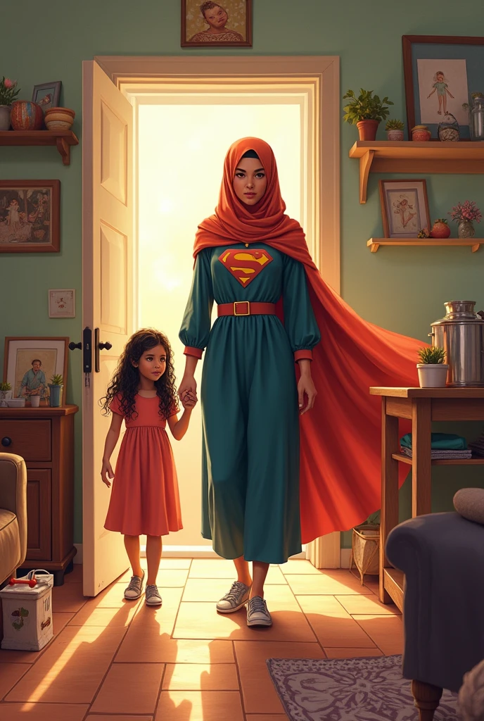 Hijab superhero cleaning  campaign house with her daughter
