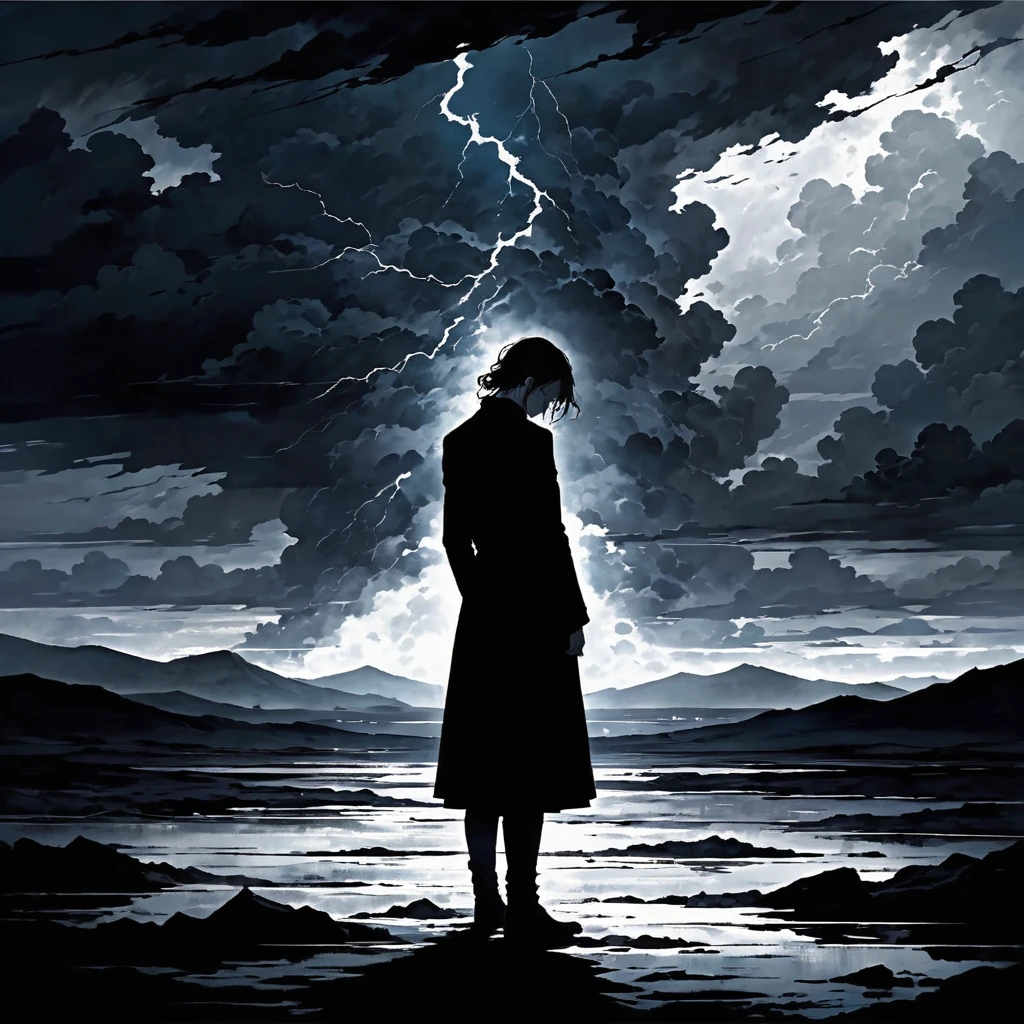 A haunting and emotional image that complements the dark and somber lyrics provided. The scene shows a solitary figure standing in the midst of a stormy, desolate landscape, surrounded by creeping shadows. The figure appears to be lost and broken, with their head bowed down and their body language expressing deep sorrow. The background features dark, stormy clouds, distant thunder, and a sense of isolation. The color palette is dominated by dark tones such as black, gray, and deep blues, with subtle highlights to emphasize the figure's loneliness and despair