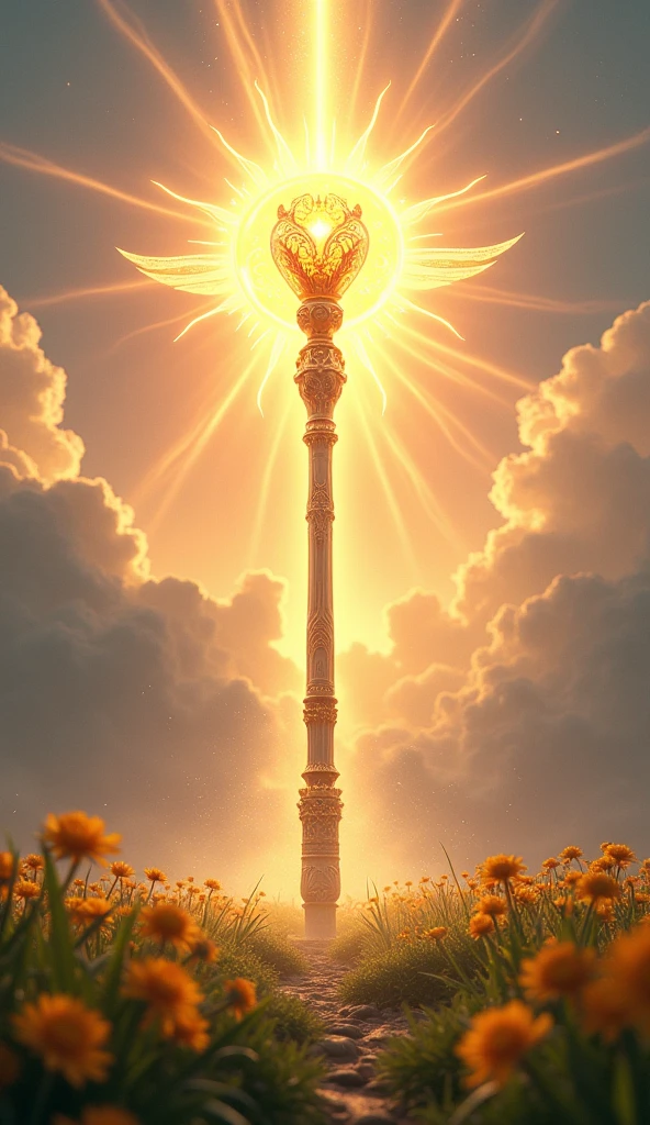 Create a hyperrealistic and majestic scene for the Ace of Staffs in the Lumen Angelis Tarot deck. The central focus is a large, glowing staff made of ethereal wood with intricate carvings of angelic symbols along its length. The staff radiates a powerful, warm golden light, surrounded by a swirling aura of divine energy. The top of the staff is adorned with a brilliant crystal that pulses with celestial power, emitting beams of light in all directions.
In the background, an expansive sky filled with luminous clouds glows with soft shades of pink, orange, and gold, resembling the dawn of a new day. Subtle, translucent angelic wings can be seen faintly within the clouds, adding a sense of divine presence. Below, the ground is covered in lush, vibrant greenery and golden flowers that appear to bloom in response to the staff’s energy.
The overall composition is filled with light, warmth, and the promise of new beginnings, invoking the original Ace of Wands card from the Rider-Waite deck but with a more celestial and divine touch, true to the Lumen Angelis theme.
