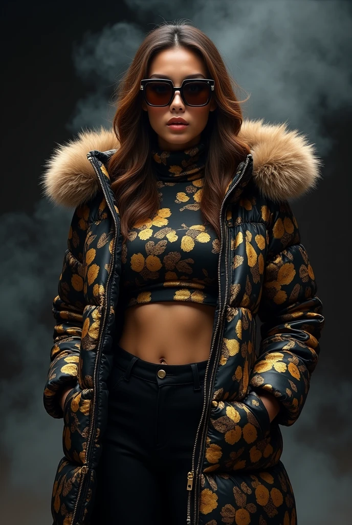 beautiful tanned japanese woman,wearing a very large tight shiny puffer black and gold coat with gucci design lines and floral fabric, gold zipper, thick eyebrows, photorealistic, masterpiece, moncler, fluffy fur hood, , wavy highlighted brown hair, turtle neck floral crop top, open coat, gucci sunglasses, lips pouting, pouts, void black background with smokes and nice lighting