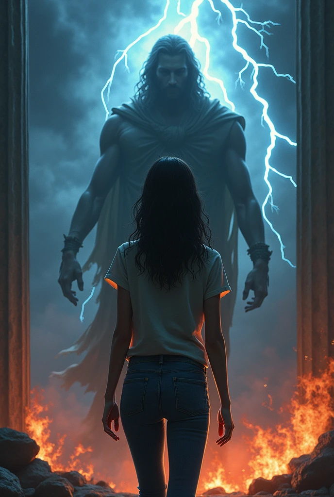 I want a mysterious picture. My book is on an ancient greek civilisation.  Black colour theme. Zeus should be standing behind the girl. She has dark hair and a tomboy. I want a dark zeus standing behind her. Also only her back is visible.  She ll be surrounded by thunder and lightning and also fire. No frocks or dresses. A jeans and shirt. Also dark zeus. Only surrounded by fire and lightning. And no anime. Realistic picture. A dark one. Zeus should not be visible a lot. Like people shouldnt know its zeus. So just a darkenned zeus. I dont want people to know its him. Um why dont we put a cloak on top of him. Make him more darker. A dark version. I dont want him to be white at all. 
