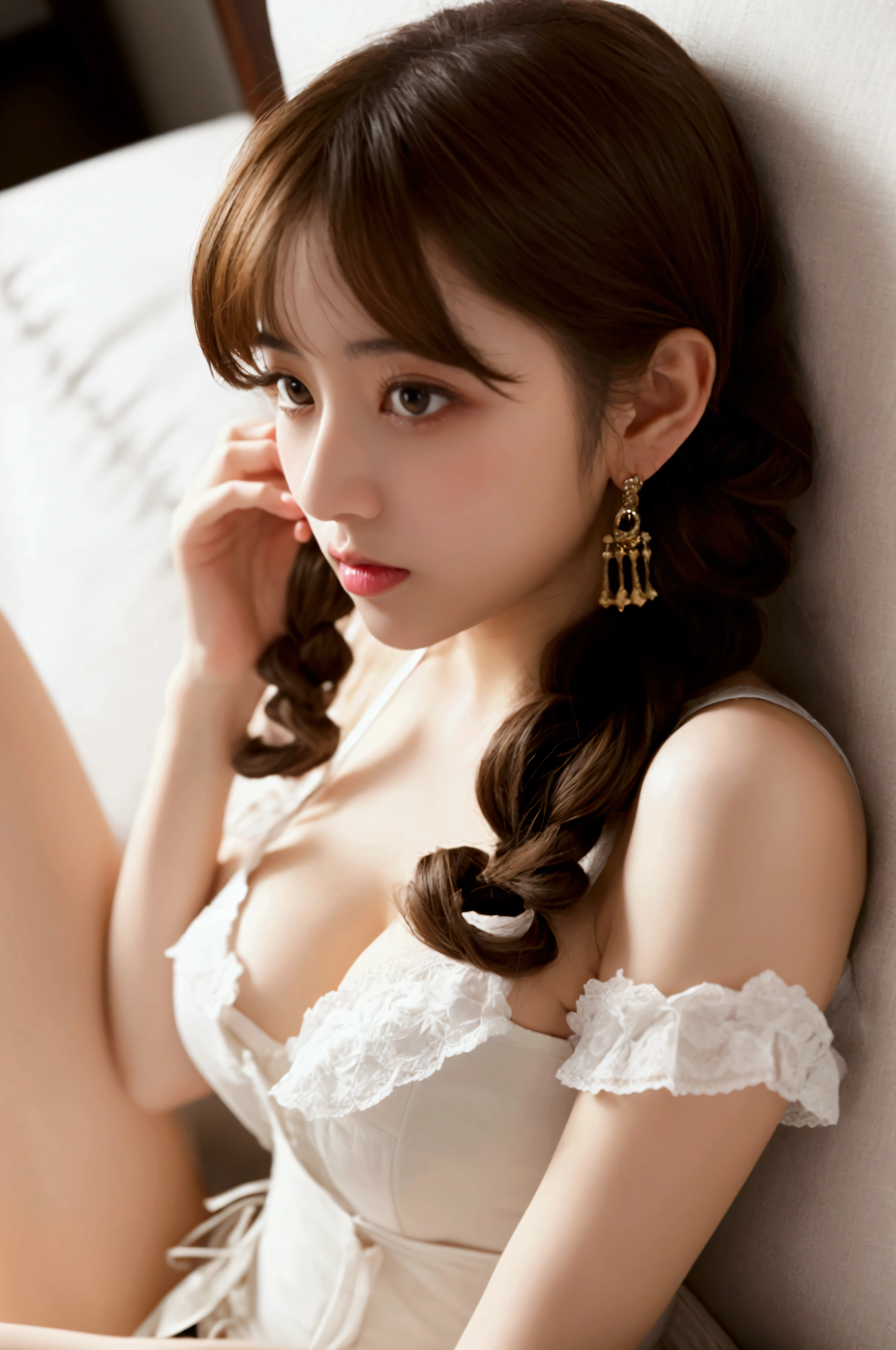 (Browsing Caution)))、(((Spread your legs)))、((detailed、Highest quality、8k、masterpiece:1.3))、1 mifl、(Brown Hair:1.2)、Beautiful Japanese Woman:1.3、(Casual Hairstyles、Small breasts:1.2)、Inside the house、Super detailed face、detailed、double eyelid、(Gothic:1.2)、(White Tight Corset:1.2)、bed、From below