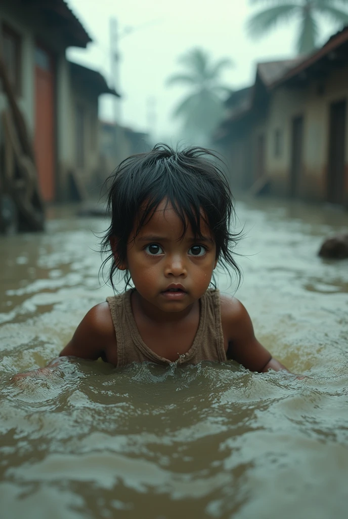 (photorealism:1.2), beautiful Bangladeshi kid, flood in Bangladesh, the kid is afraid, under the water