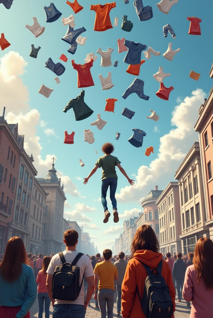Create casual clothes falling messily, and crumpled from the sky to a square with many people looking on in amazement