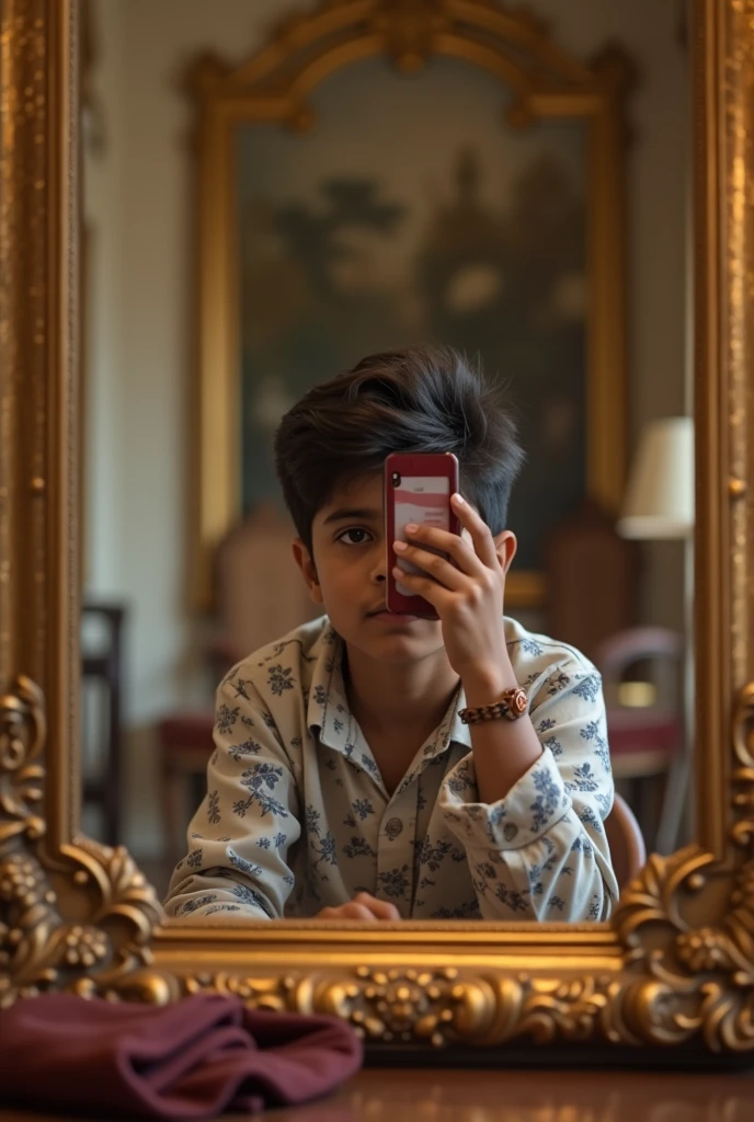 17 years boy slim body boy color white height 5 foot 7 inches shot an selfie with iphone 15 pro max in front of a mirror of his bed room room is like indian bad room all things are available in the rooms where are be placed in an indian bed room of rich people's luxury house