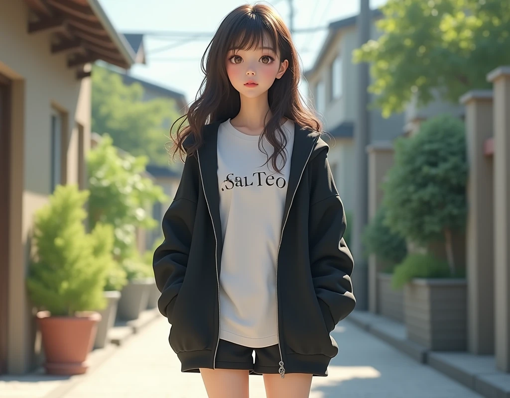 tops(Wearing a white T-shirt、English letter print)、Oversized black hoodie(hoodie、Oversized)、Black shorts、White sneakers、White crew socks、With long wavy hair、Natural and soft impression、、Japanese、female、Natural light、Highest quality、Realistic skin texture、