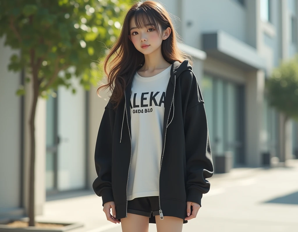 tops(Wearing a white T-shirt、English letter print)、Oversized black hoodie(hoodie、Oversized)、Black shorts、White sneakers、White crew socks、With long wavy hair、Natural and soft impression、、Japanese、female、Natural light、Highest quality、Realistic skin texture、