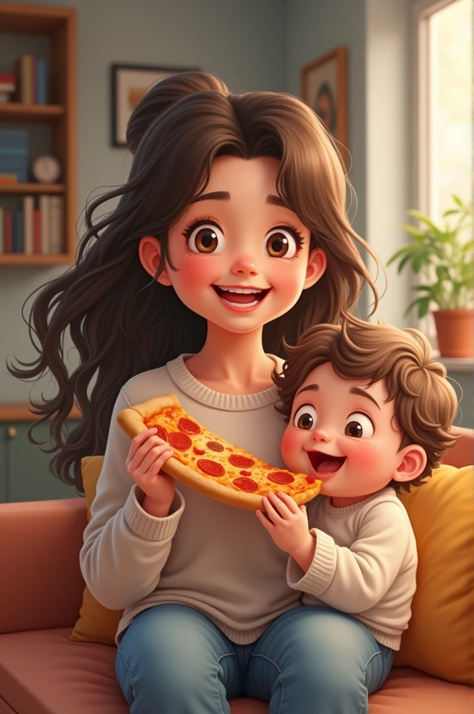 Teen girl holding a baby, laughting and eating pizza at home