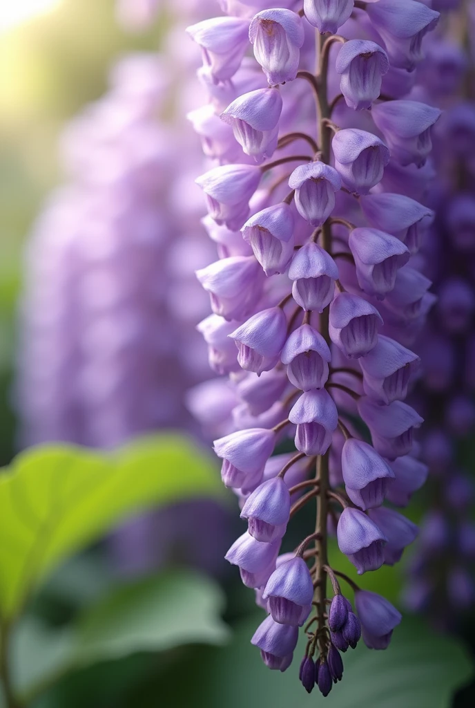 This image captures the beautiful sight of fully bloomed purple wisteria flowers. The flowers hang in clusters, with overlapping, pale purple petals. In the background, green leaves softly blur, enhancing the color of the flowers. Overall, gentle light shines down, creating an elegant and serene atmosphere.