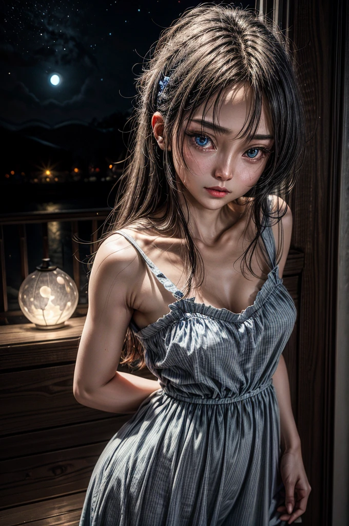 natta, fullmoon, blue rimlight lighting on the character's shoulder, elf woman with braided black hair in light armor, with traces of white clothing underneath, witch's hat, delicate face with strong expression and smile at the corner of the mouth, honey colored eye, making a magic ball and with electricity passing through the arms, in a forest with purple light butterflies flying around you, open angle, grabbing the whole body, concept art style