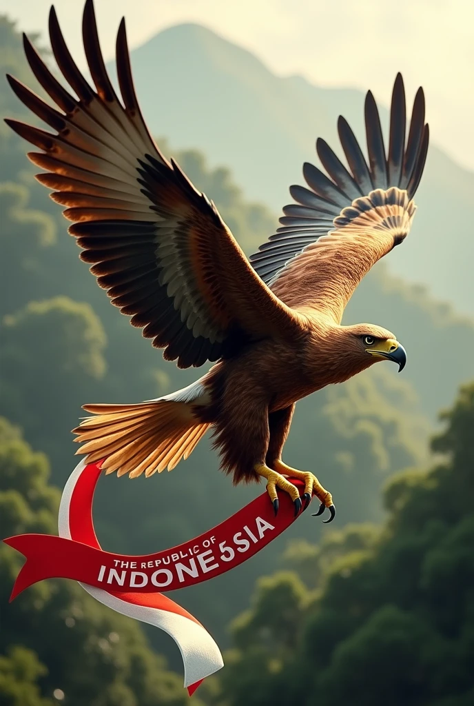 Eagle. flap its wings. a red and white ribbon sash that says the Republic of Indonesia