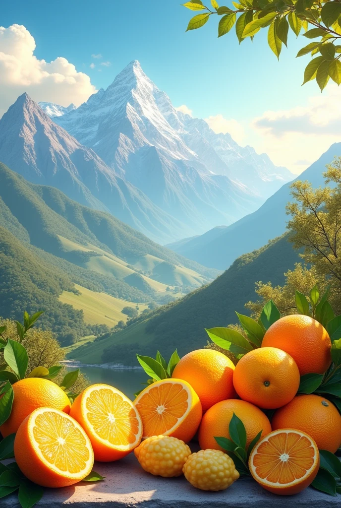 generate an orange and yellow background containing lemons and oranges with a view of a mountain landscape