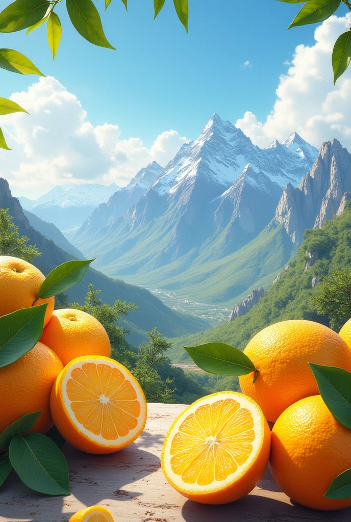 generate an orange and yellow background containing lemons and oranges with a view of a mountain landscape