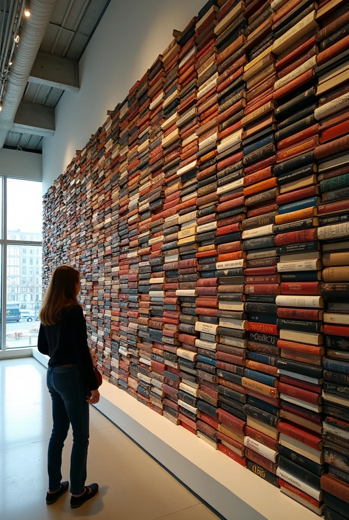 An art installation that has a wall designed of book