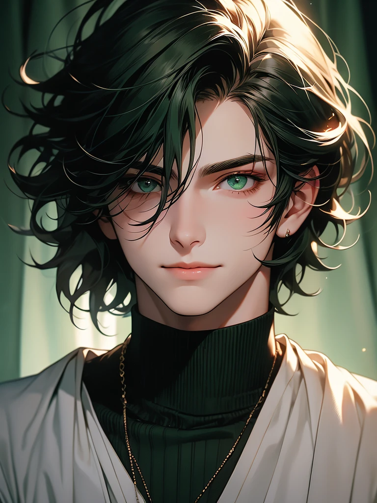 (best quality), 1boy, pale skin, black hair, medium hair, curtain hair, tousled hair, dark green eyes, perfect eyes, dark circles under eyes, handsome, light smile, attractive, turtleneck sweater, masterpiece, anatomically correct, highres
