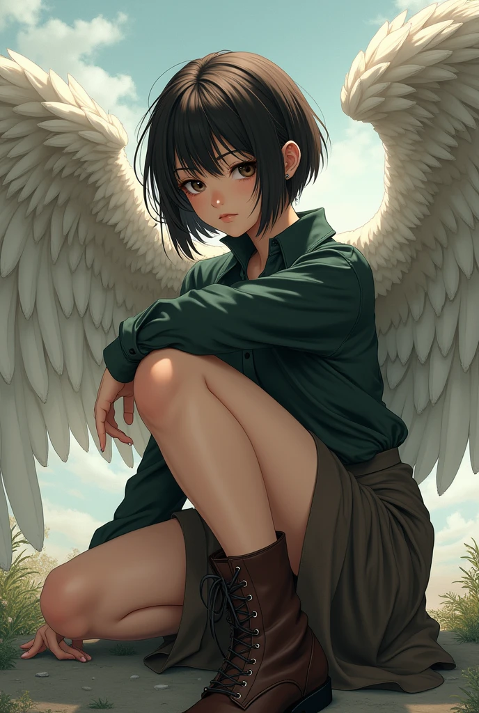 Woman with very short dark brown hair, Haircut for a boy, with black eyes, in a dark green shirt, in a dark brown skirt, in dark brown boots, Large angel wings, sitting on his knees, anime art, masterpiece, realistically, professional photo, super detail high quality