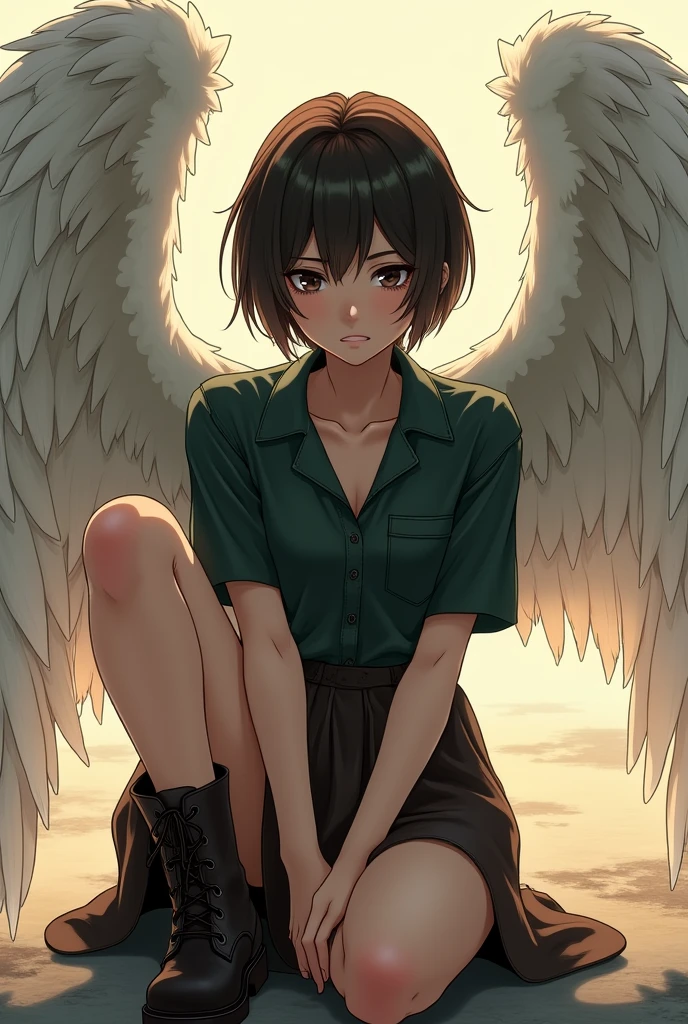 Woman with very short dark brown hair, Haircut for a boy, with black eyes, in a dark green shirt, in a dark brown skirt, in dark brown boots, Large angel wings, sitting on his knees, anime art, masterpiece, realistically, professional photo, super detail high quality