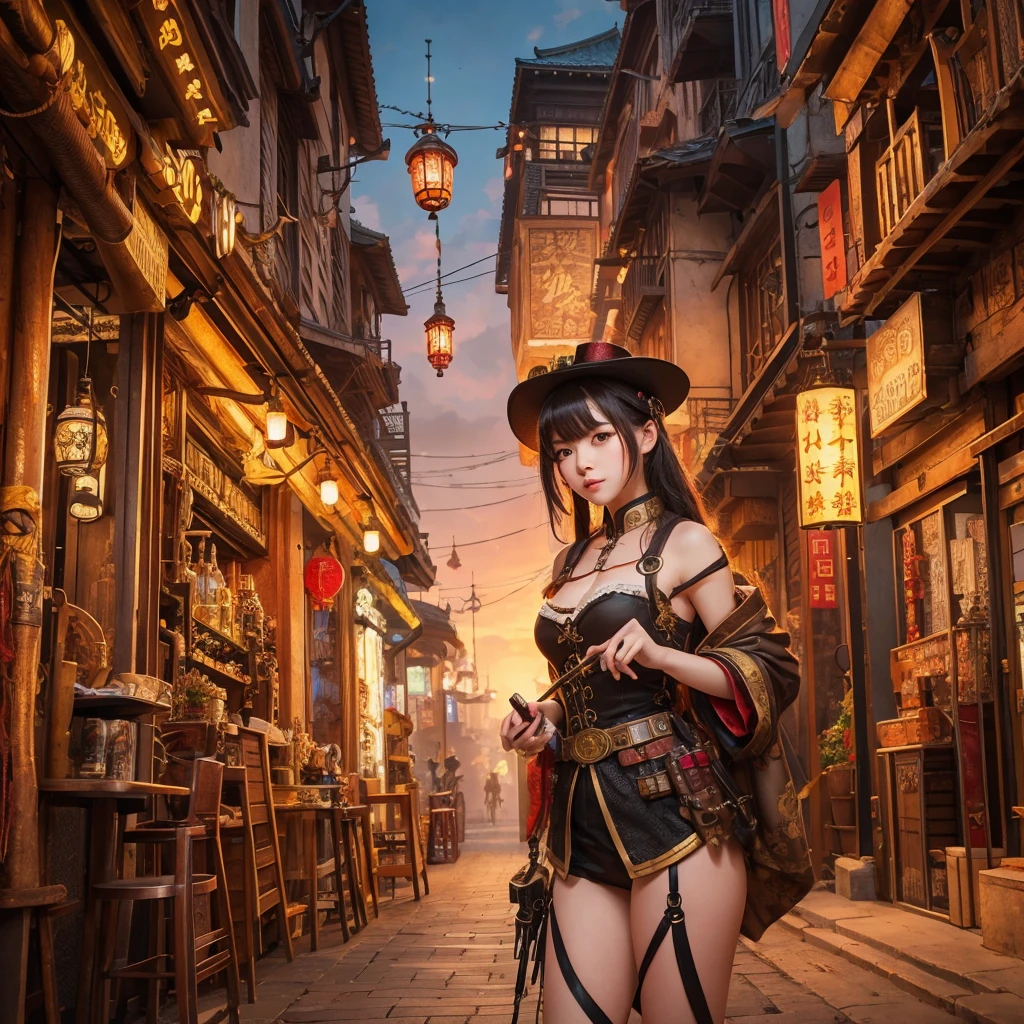 (best quality), girl,oriental detailed background, oriental cityscape, steampunk, miko