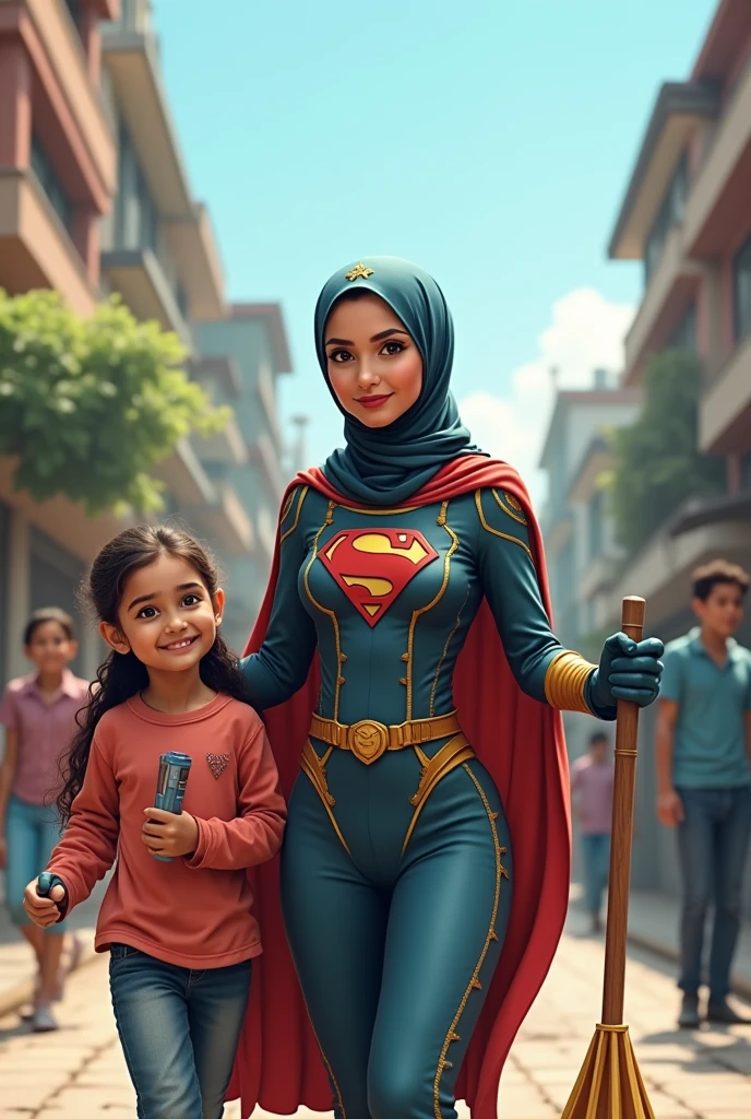 Hijab superhero cleaning  campaign with her daughter
