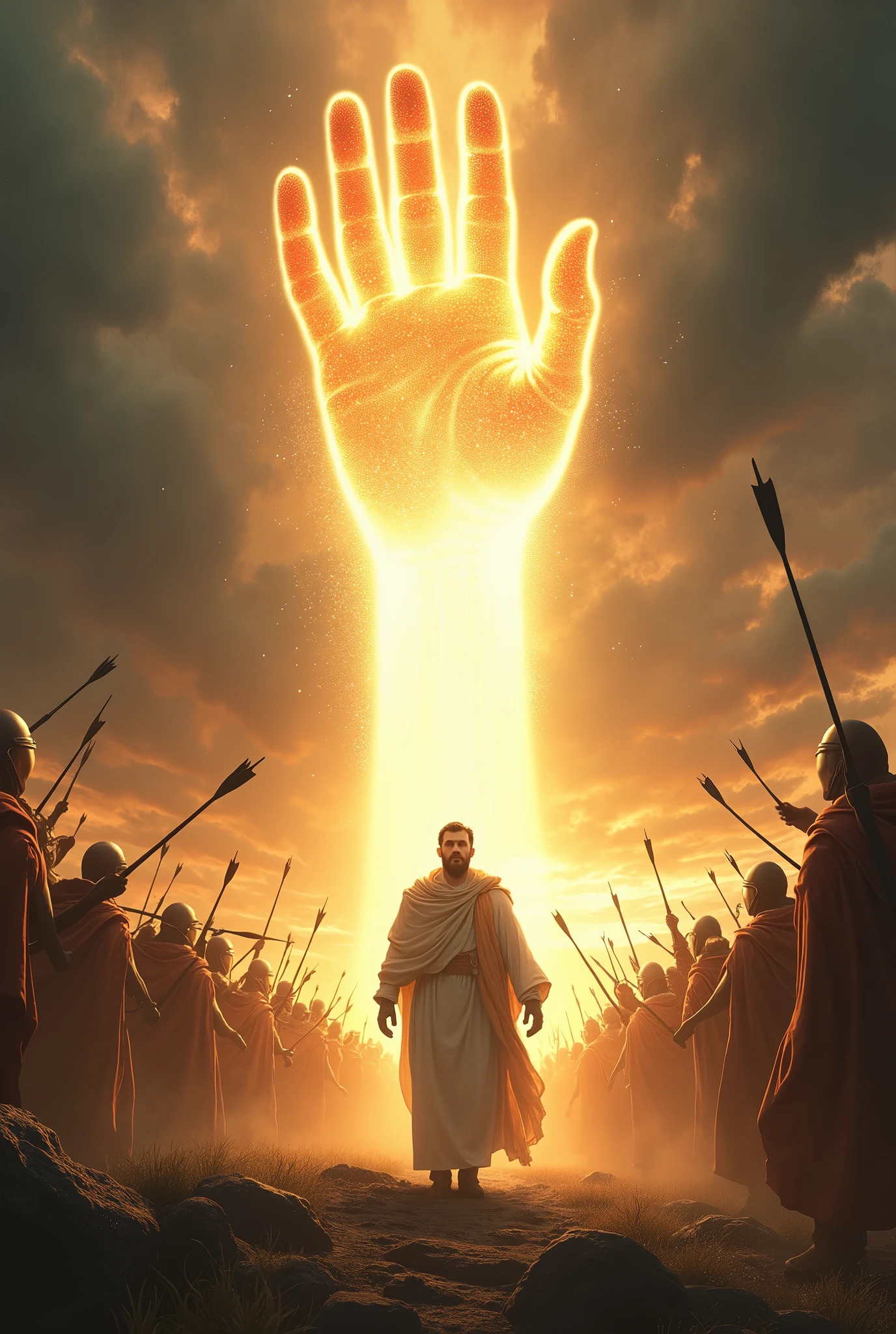 "Create a scene where a man's enemies are launching arrows at him from all directions. In the midst of this, a massive, radiant hand—representing the Hand of God—descends from the sky, shielding the man. The arrows shatter or deflect upon contact with the divine hand, and the man beneath stands unharmed, illuminated by a warm, protective light. The enemies appear shocked and powerless as their efforts fail. The backdrop is dramatic, with dark stormy clouds contrasting against the light emanating from the hand."