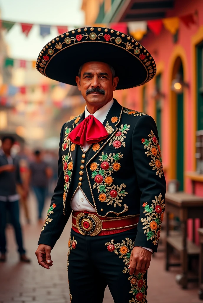 Mexican charro mariachi solo singer full body age 50 years old without beard without guitar