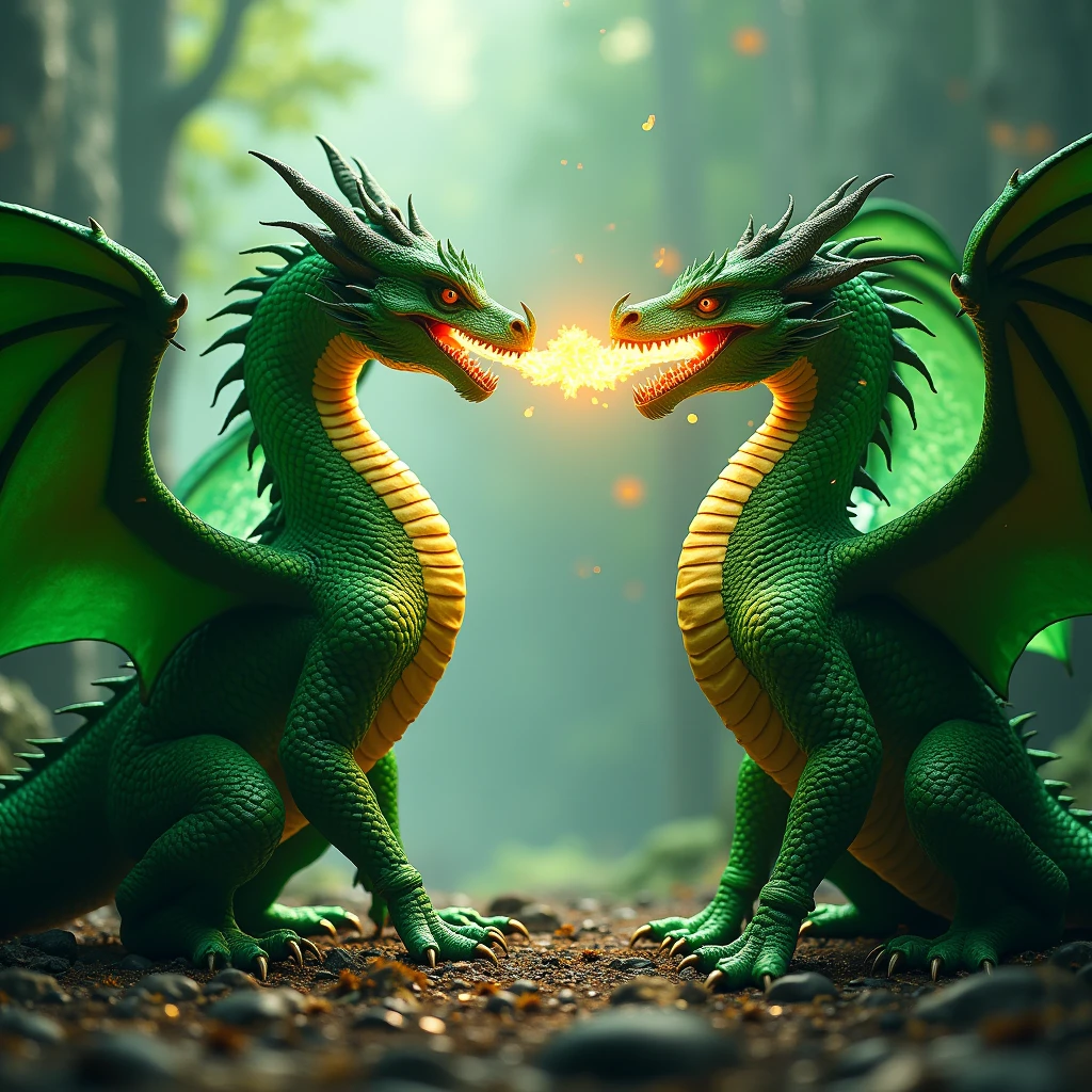 two green dragons, facing away from each other, one cheerful and breathing fire, the other tired and uninterested, sitting down, intricate details, hyper-realistic, 8k, award-winning, cinematic lighting, vibrant colors, dramatic shadows, highly detailed, masterpiece