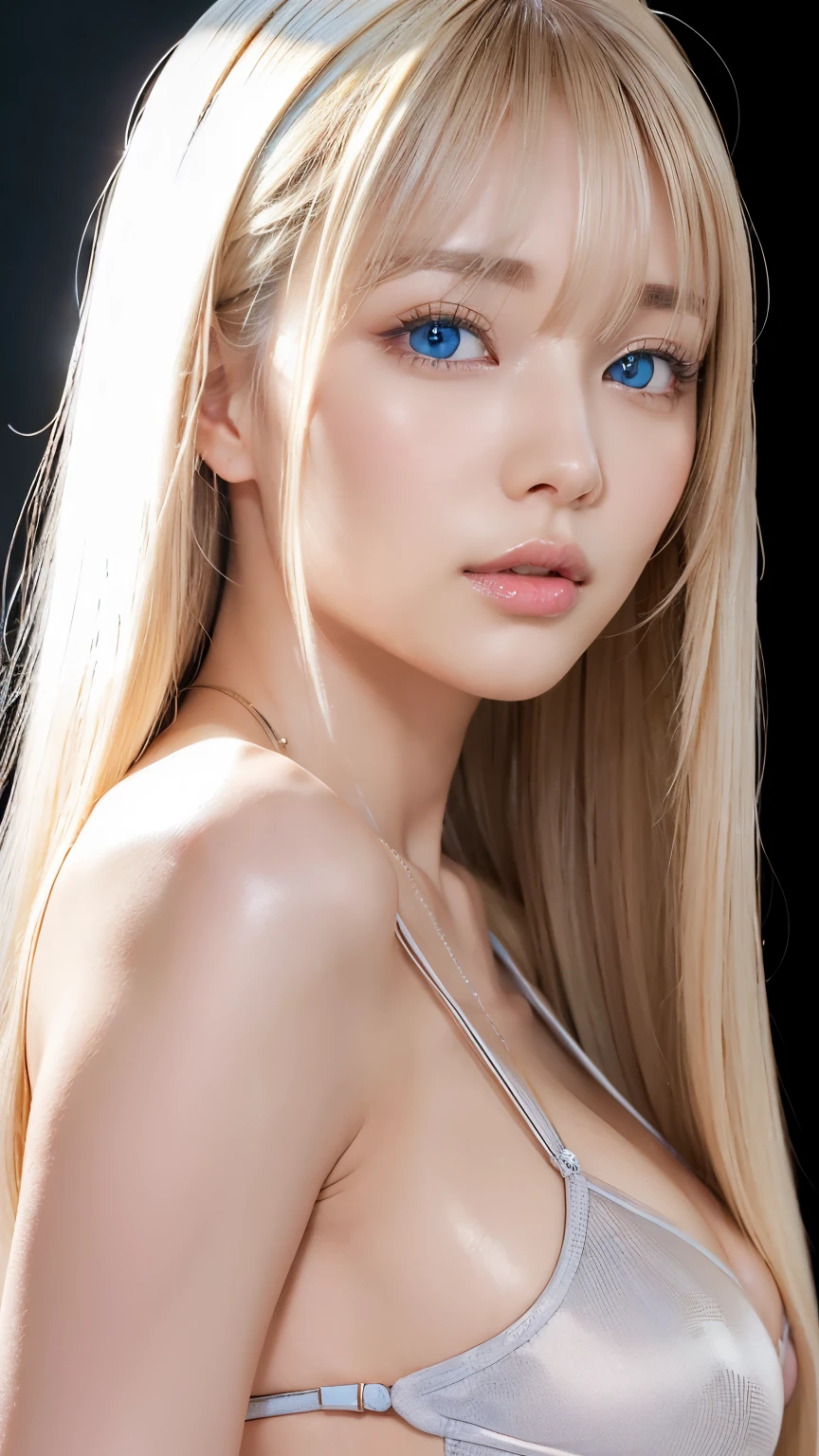 Unparalleled beauty, Glossy, firm and shiny skin, Bangs between the eyes, Beautiful shiny, straight platinum blonde, Super long straight silky hair, eyeliner, sexyで美しい無邪気な, Amazingly large and high quality、beautifully、Bright Blue Eyes, beautifullyて素敵な, ((Huge ))、((erotic、sexy、Ultra-high resolution、The lighting is bright、Precise needles without discomfort))、