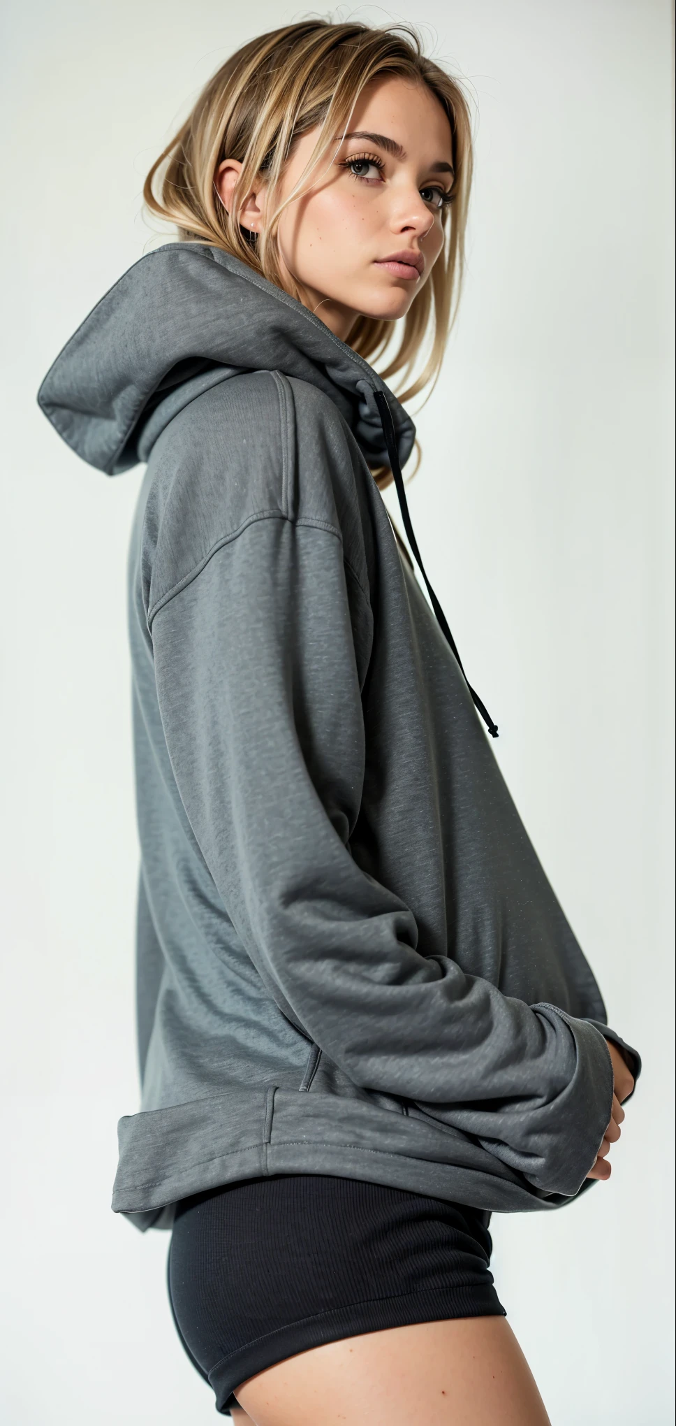 a woman in a gray hoodie and black shorts posing for a picture, girl wearing hoodie, gray hoodie, wearing hoodie, wearing an oversized hoodie, grey hoodie, oversized hoodie, in a hoodie, hodie mihi cras tibi, oversized, wearing a hoodie, hoodie, grey hoodie opened, in a black hoodie, dark grey, wearing a hoody, wearing sweatshirt
