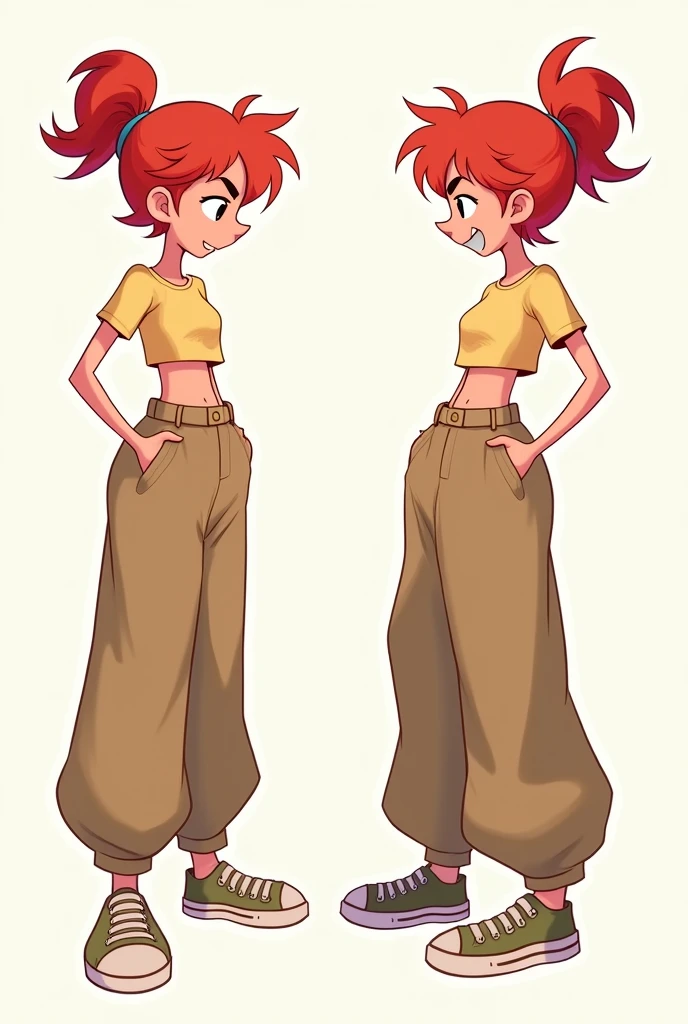 A simple cartoon caractermodel sheet with baggy pants and crop rop and ponytale short hair with bangs with red heairs