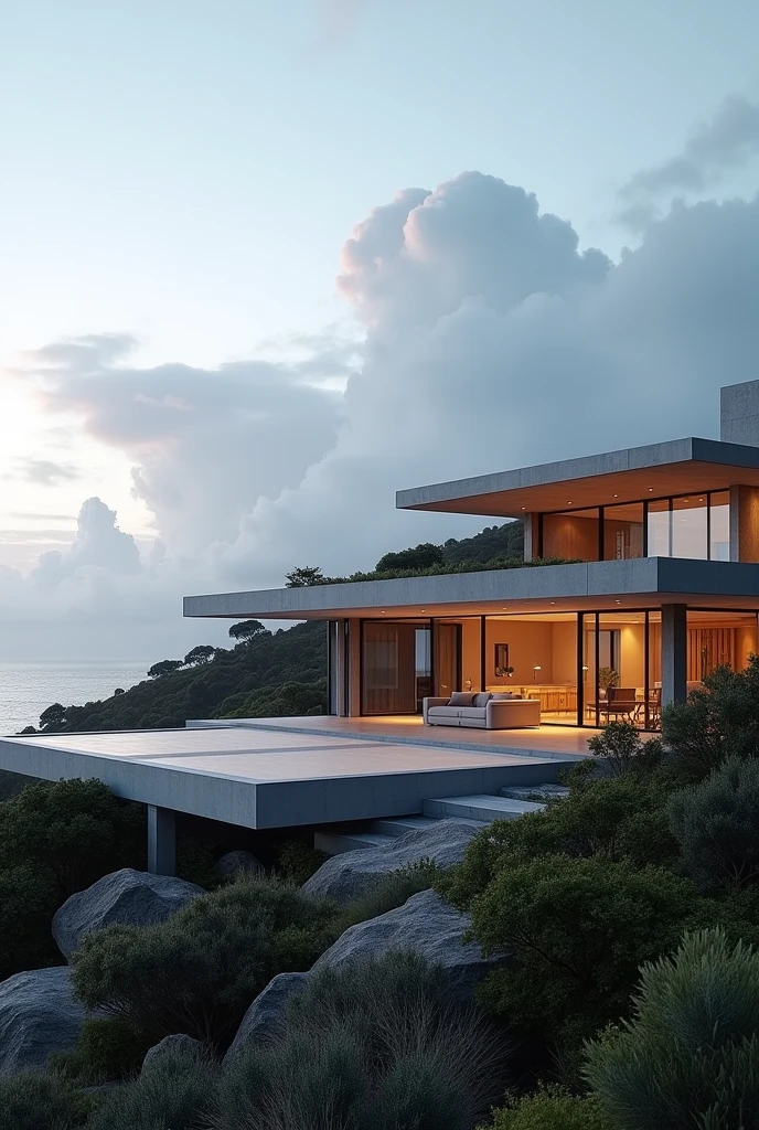 large luxury concrete house with helipad in a rural Australian coastal city, luxury house with helipad, cyclone-proof, safe, safe from storms, ultrarealistic, soft lighting, 8k