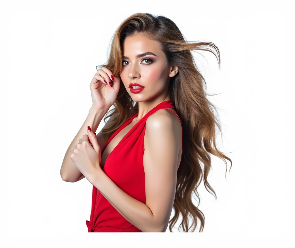 gorgeous  woman, with perfect hair, voluminous hair, side position, looking at camera, sexy look, hands on face, completely white background